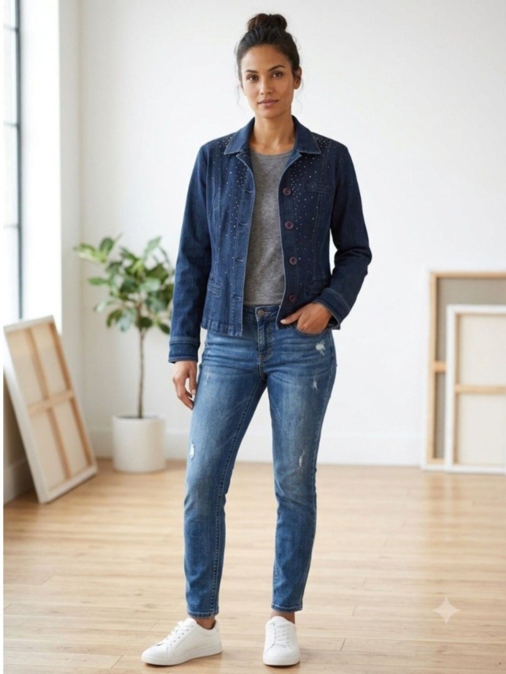 Christine Alexander Navy Jean Jacket with Crystal Accents. Size L